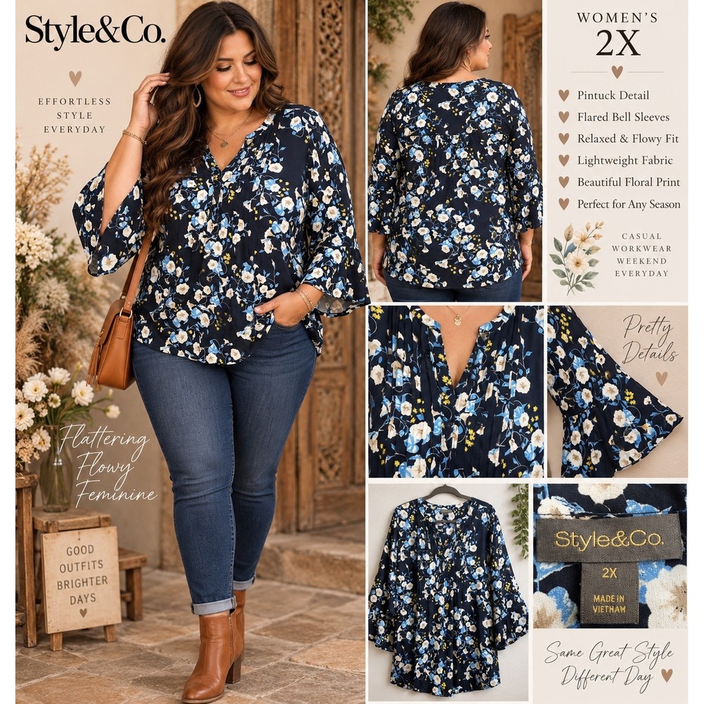 Style & Co Womens 2X Navy Blue Floral Pintuck Bell Sleeve Blouse Top NEW